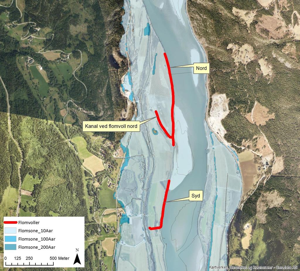 2 Faktadel Figur 3: Kartet viser flomverket samt utbredelsen av flomsoner/lavpunkt for ulike gjentaksintervall i en situasjon uten sikringstiltak (Kilde: NVE 2017). Flomsonene er overlappende iht.