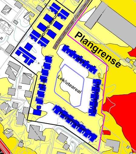 etasjeplan (1,5 m over bakken) er det sporadiske overskridelser for rekke/kjedehusbebyggelsen i sør. Leilighetsbyggene i nord er under grensen i 1.