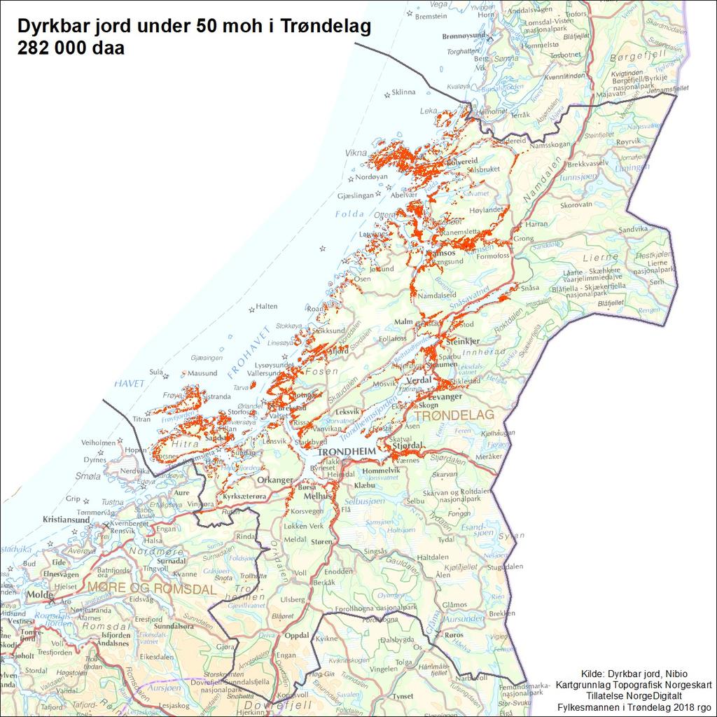 Side 17 FLYTTING AV MATJORD Nydyrking av dyrkbar jord er tiltak som normalt gjøres uten jordflytting. Dyrkbar jord under 50 moh i Trøndelag 282 000 dekar Flytting av matjord er et omdiskutert tema.