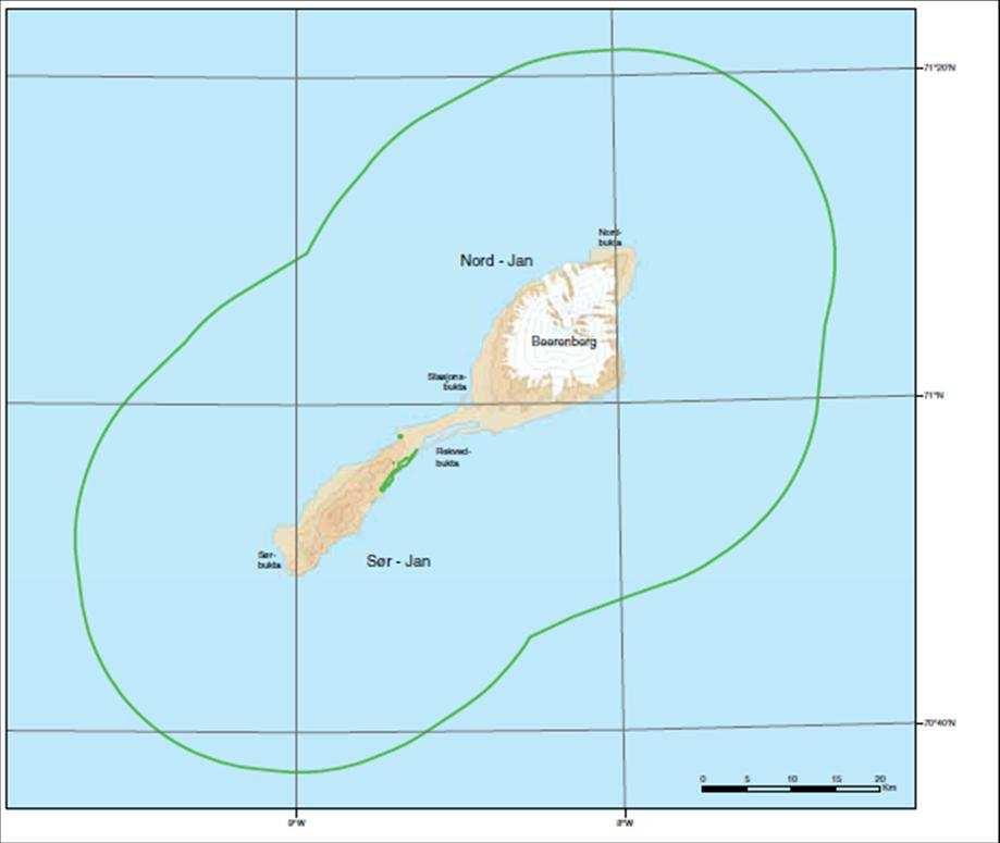 Figur 2. Angivelse av område foreslått som naturvernområde Jan Mayen. For detaljer om virksomhetsområdet, se figur 13. Kilde. Direktoratet for naturforvaltning.