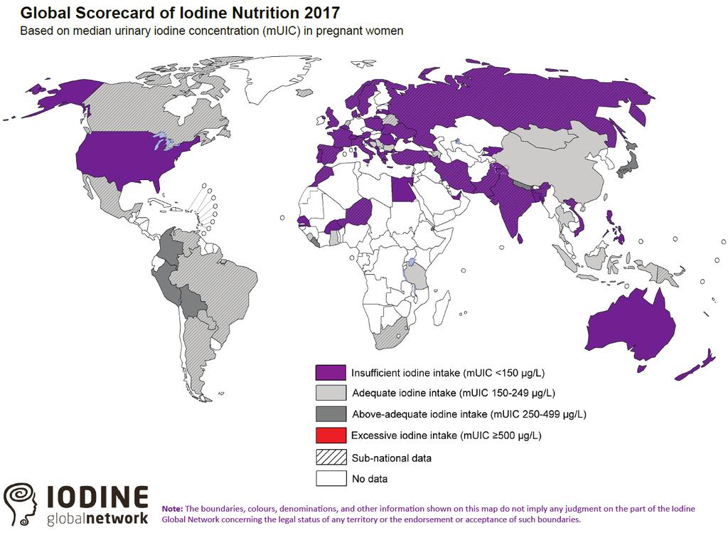 Figure 1 Global scorecard on iodine nutrition in pregnant women 2017 illustrating median urinary iodine concentration (muic) by country. Published by the Iodine Global Network (18).