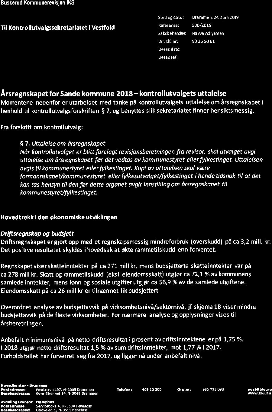 10/19 Kontrollutvalgets uttalelse til Sande kommunes årsregnskap og årsberetning 2018-19/00102-4