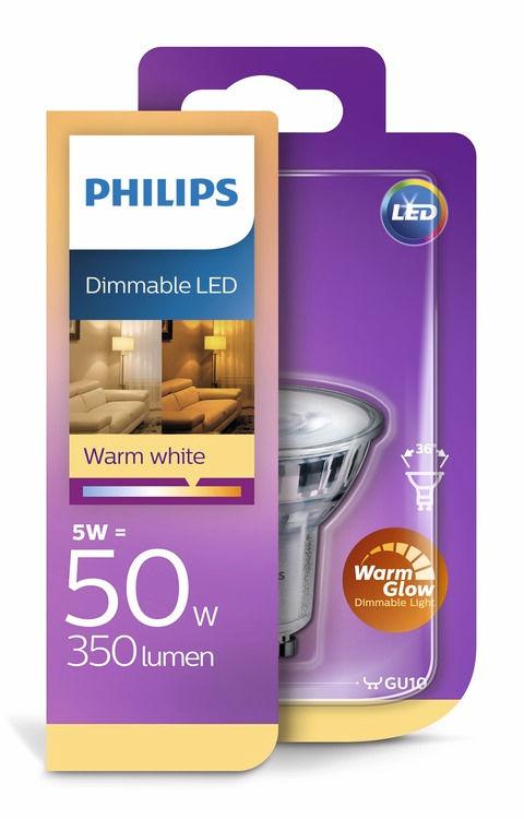 PHILIPS LED Spot (kan dimmes) 5 W (50 W) GU10 WarmGlow WarmGlow som kan dimmes Det rette lyset setter stemningen LED-spotter