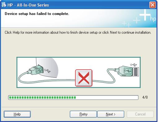 Tag USB-kablet ud, og isæt den grønne HP All-in-One-cd. Se Afsnit A. Problem: (Bare Windows) Du så ikke meldingen om å koble til USB-kabelen. Handling: Avbryt alle skjermbilder.