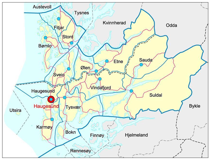 2.3 Kort om kommunane Haugalandet er ei halvøy mellom Bømlafjorden i Hordaland og Boknafjorden i Rogaland, avgrensa i aust av det 9 km lange eidet mellom Ølensfjorden og Sandeidfjorden.