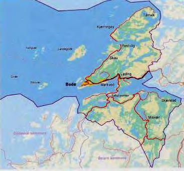 Side 54 5.2 Kjennetegn ved de to kommunene Figur 9 Nye Bodø kommune kart hvor tidligere Skjerstad kommune inngår. Tabell 4 gir et utvalg bakgrunnsdata for de to kommunene.