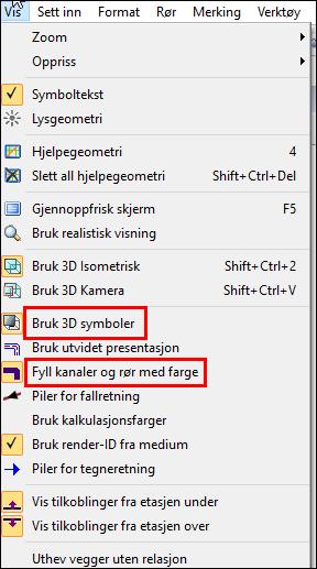 For å lettere kunne se en evt tilkobling eller et rør i 3D, samtidig som man er 2D modus, velges Bruk 3D symboler i menyen «Vis».