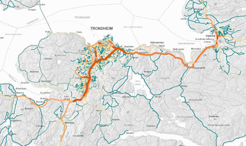 Trafikkmengde (ÅDT) per mai 2019 De store trafikkstrømmene i Trøndelag går i den sentrale aksen. Selvforsterkende sirkel?