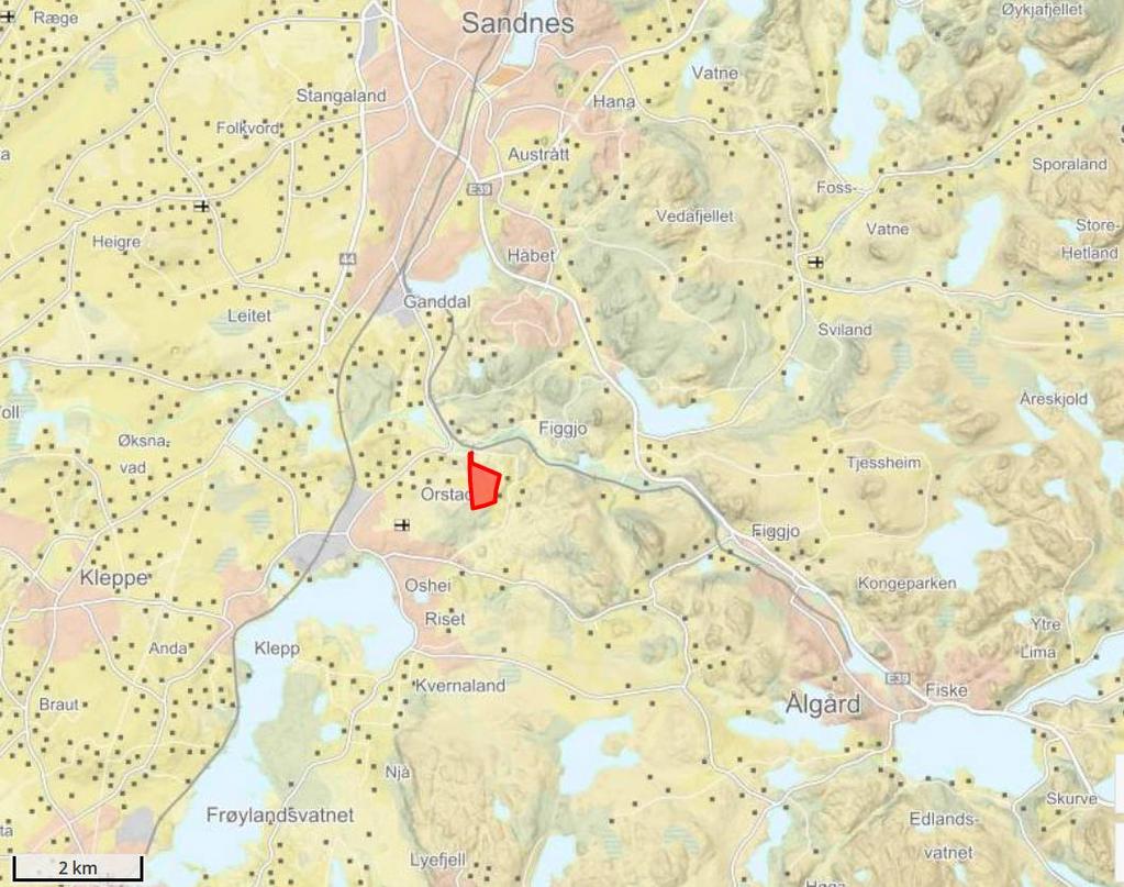 2 DAGENS SITUASJON 2.1 Beliggenhet Planområdet ligger nordøst for Orstad i Time kommune. Arealet ligger på en høyde som strekker seg fra ca. 75-85 meter over havet.