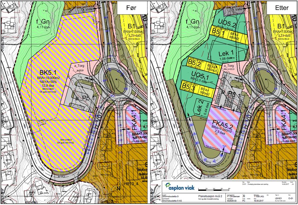 Figur 8 Plansituasjonen før (gjeldende) og etter foreslått endring av områdeplanen ved varsel av 18.05.