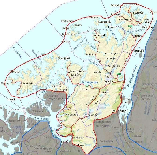 Innledende beskrivelse av området AREAL: 11 324 km 2 KOMMUNER: Hasvik, Hammerfest, Måsøy, Kvalsund, Alta, Porsanger, Nordkapp.
