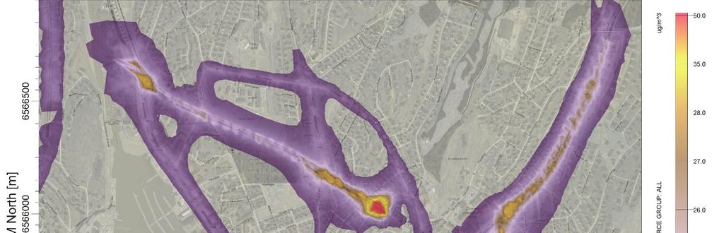 14 av 30 Figur 8: Framskrevet situasjon 2028 "Bane & vei alternativ 1", som viser spredningsforløpet av svevestøv (PM10), 8.