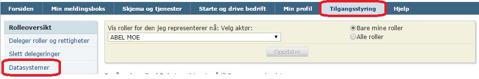 I Altinn vil det øverst til høyre i skjermbildet vises navnet til den som er pålogget og hvem denne evt rapporterer for. Du kan endre dette ved å velge i nedtrekksmenyen >.