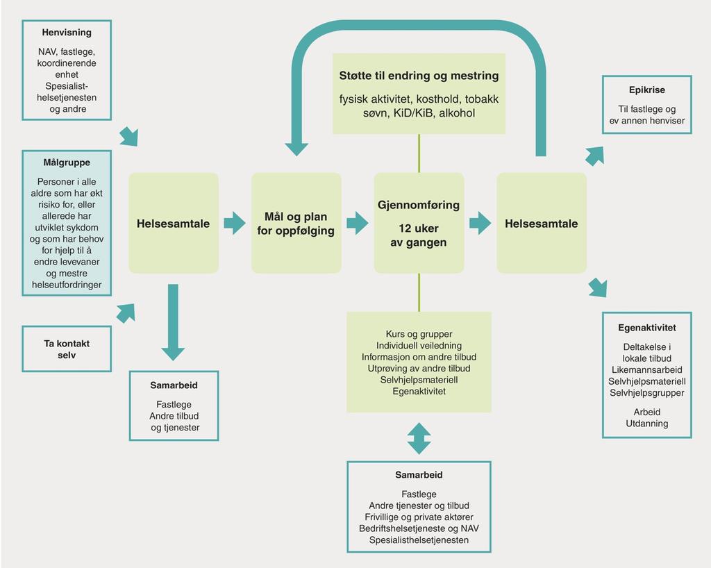 Figur 1: Det strukturerte oppfølgingstilbudet ved frisklivssentralen. Ved behov kan det gjennomføres flere helsesamtaler i løpet av oppfølgingsperioden. 3.