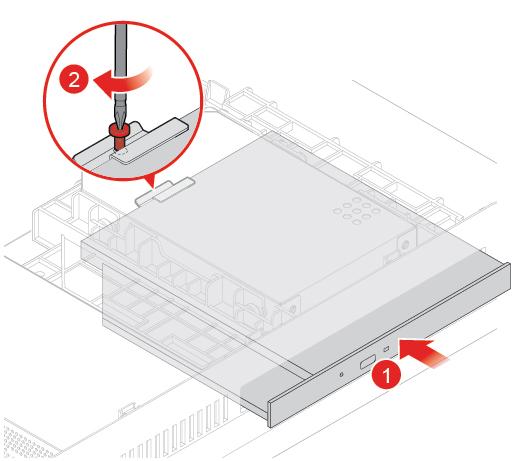 Figur 29. Installere den optiske stasjonen 4. Sett på plass igjen delene som ble fjernet. Se «Fullføre bytte av deler» på side 55 for å fullføre utskiftningen.