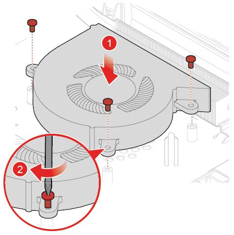 Figur 44. Fjerne systemviften Figur 45. Hvordan installere systemviften 8. Koble kabelen for den nye systemviften til hovedkortet. 9. Sett på plass igjen delene som ble fjernet.