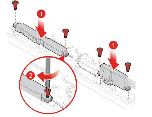 Figur 88. Fjerne de innebygde høyttalerne Figur 89. Installering av de innebygde høyttalerne 12. Sett på plass kabelen for den nye innebygde høyttaleren og koble kabelen til hovedkortet. 13.