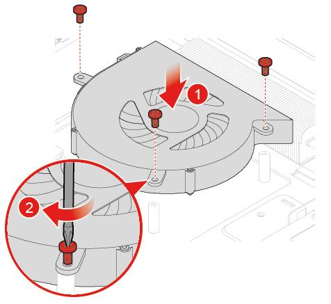 Figur 46. Fjerne systemviften Figur 47. Hvordan installere systemviften 8. Koble kabelen for den nye systemviften til hovedkortet. 9. Sett på plass igjen delene som ble fjernet.