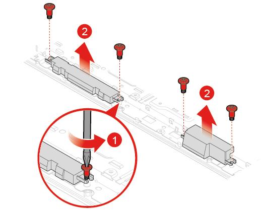 9. Sett på plass delene som er tatt ut. Se «Fullføre bytte av deler» på side 58 for å fullføre utskiftningen. Skifte de interne høyttalerne NB!