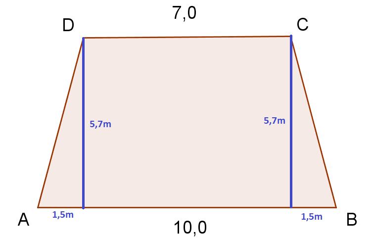 (10,0m + 7,0 m) 5,7m A= = 48,45m Arealet av trapeset ABCD er 48,5 m. b) Regn ut lengden av AD og BC.