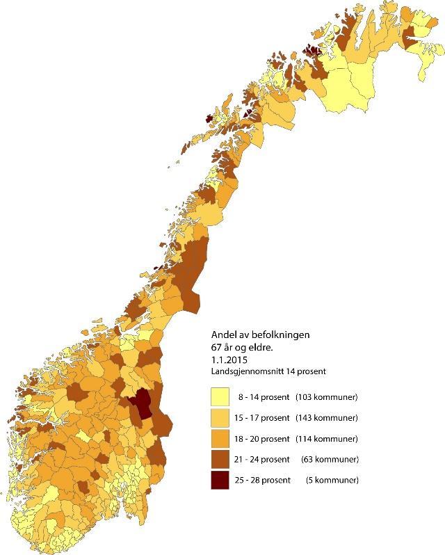 Flere eldre særlig i distriktene 2015 2030 12% av befolkningen vil være 70 år eller mer i 2040 i Oslo, men: 33% av befolkningen vil være 70 år eller mer i enkelte