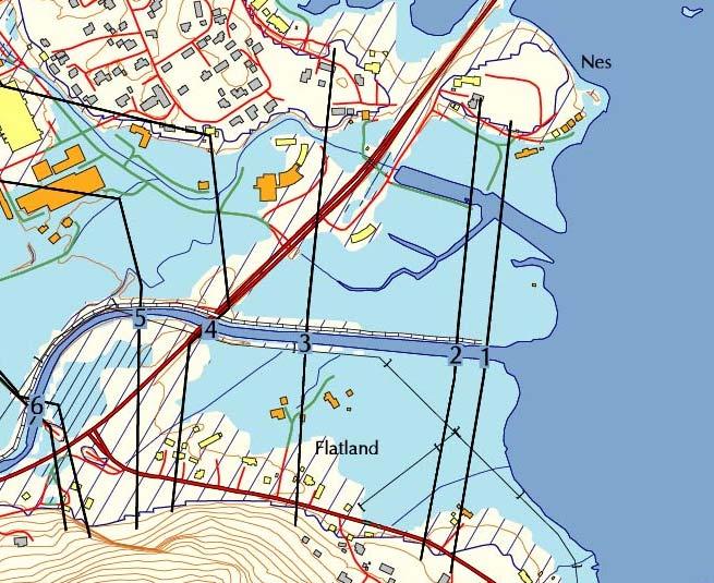 Flomsonekart - innhold Flomutbredelsen for et gitt gjentaksintervall Flomutsatte veier og bygg Flomhøyder ved