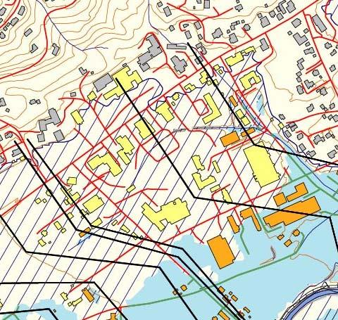 Flomsonekart - innhold Flomutbredelsen for et gitt gjentaksintervall Flomutsatte veier og bygg Flomhøyder ved