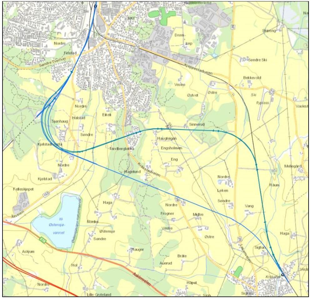 3 Figur 1: Alternative traseer for ny østre linje mellom Kråkstad og Ski. Sluttanbefalingen fra KVUen er at planskilt kryssing av Vestre linje sør for Ski bør utredes videre.