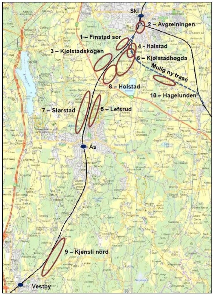 Figur 2: De ulike områdene vurdert som mulige alternativer for hensettingsanlegg i rapporten Utredning Hensetting Østlandet - delrapport 3 (2015).