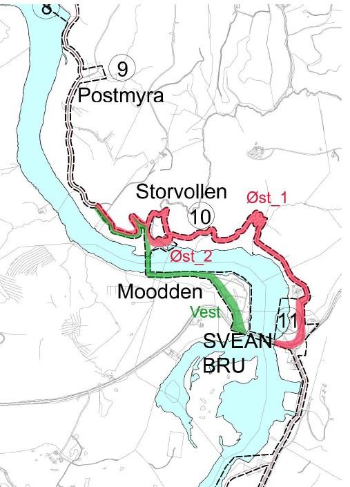 1. Øst 1: Alternativet går langs dyrket mark ved Storvollen i øst ned til Storvollbekken, følger bekken nordover, krysser bekken i bru, og går deretter oppover til dyrket mark sør for Ner-Eidstu.