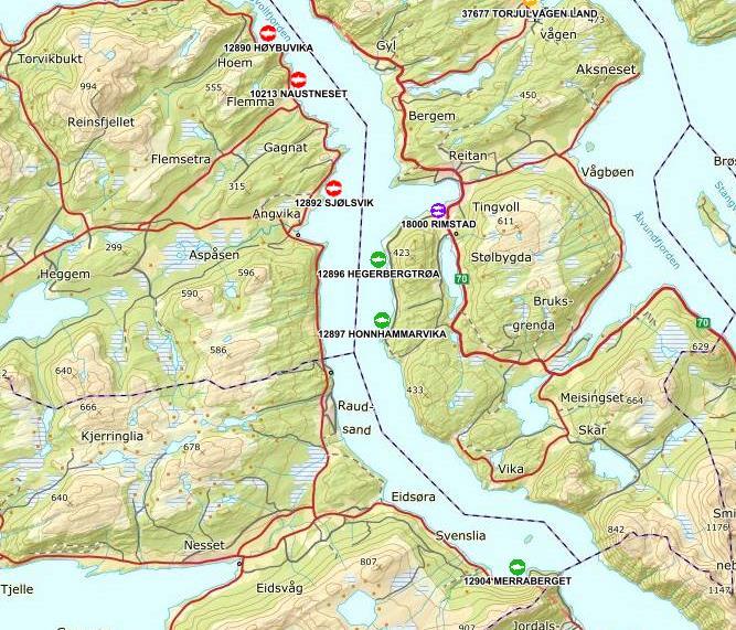 Figur 2 Oversikt over akvakulturlokaliteter i Tingvollfjorden og Sunndalsfjorden (https://kart.fiskeridir.