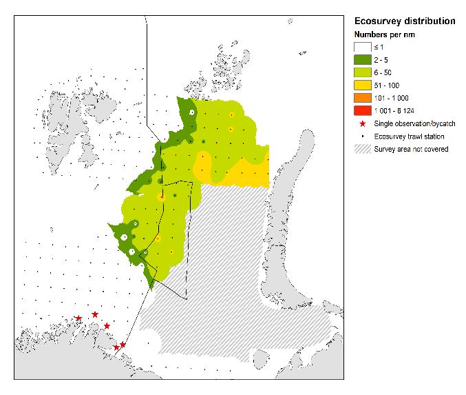 Det er heller ingen grunn til å tro at utbredelsen basert på økosystemtoktet har endret seg sammenlignet med 2017. Utbredelseskart basert på både 2017 og 2018 data er vist i Figur 1.