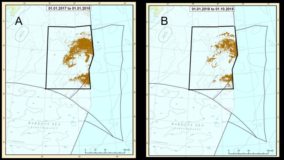 Figur 2. Kart A viser hvor fisket etter snøkrabbe foregikk i 2017 og kart B viser aktiviteten så langt i 2018 (sporingskartdata fra Fiskeridirektoratet).
