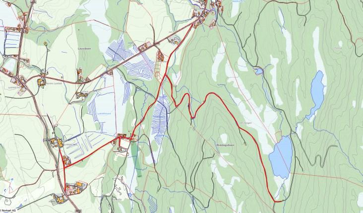 Sak 27/19 Kart som viser Holtvegen markert med rødt Nytt navn: Holtmarkvegen Begrunnelse: Vegen går gjennom Holtmarka.