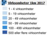 Klasseinndelingen avspeiler antall virksomheter i en 1km-rute, og symboliseres med stigende intensitet av blått.