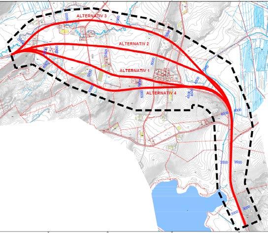 Kvarvingdalen. Følgende alternativer skal utredes: 1) Alternativ 1 ny trasé langs eksisterende fv. 17 2) Alternativ 2 ny trasé nord for eksisterende fv.