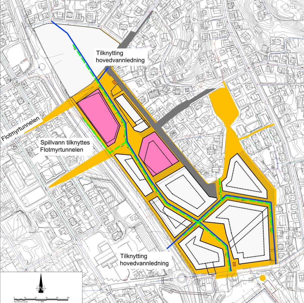 7 VANNFORSYNING På tegning 02-03 er også vist nytt vannledningsnett. Det består av en gjennomgående hovedledning som følger grønnkorridoren sentralt i området.