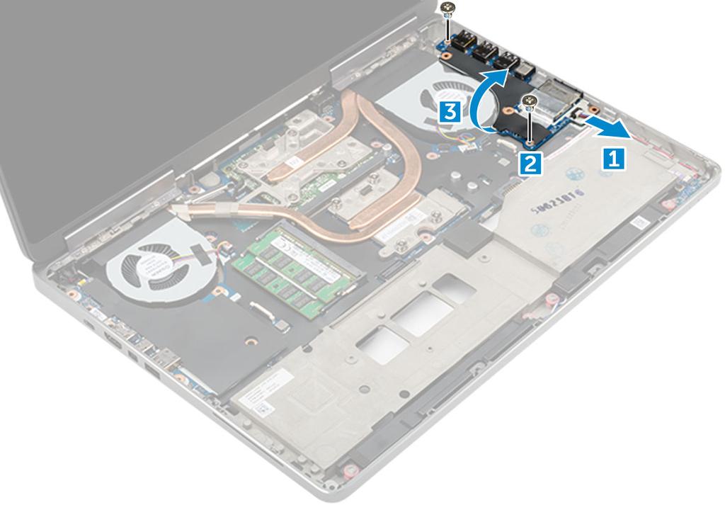 e f g harddisk tastatur håndleddstøtte 3 Slik tar du ut I/O-kortet: a Koble høyre høyttalerkabel fra I/O-kortet [1]. b Fjern M2,5x5,0-skruene som fester I/O-kortet til datamaskinen [2].