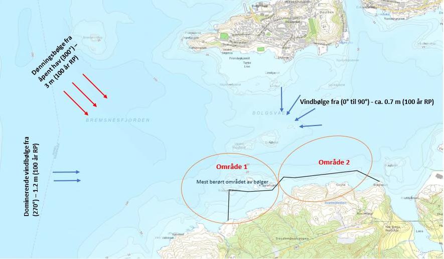 Figur 14 Bølgesituasjon nær Bolgneset med kailøsning skissert av Bolgneset