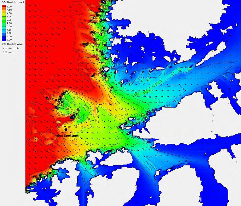 Figur 7 Stor modell for havbølger med retning 300 på veg inn mot Kristiansund, målepunkt for detalj modell markert i