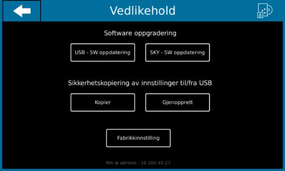 Meny: Vedlikehold Her kan oppsettet man ha gjort kopieres til minnepenn som en sikkerhetskopi. Man kan også gjenopprette oppsettet fra en minnepenn.