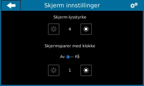 Meny: Skjerminnstillinger Her justeres lysstyrke på skjermen og om du vil ha klokke som skjermsparer. Her kan det også velges lysstyrke på denne.