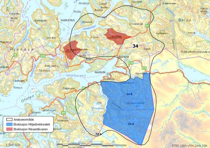 Område 34: Indre Ofoten Areal: 4171 km 2 Kommuner: Ballangen, Narvik, Skånland,