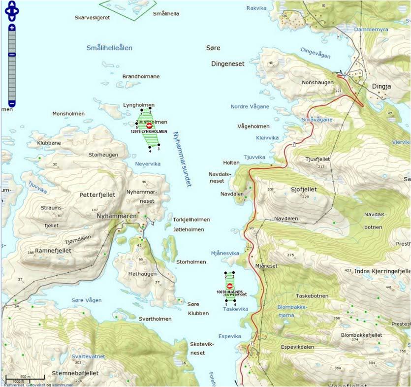 Miljorapport-MOM-C-Firda Sjøfarmer-Lyngholmen-1629-14: side 9 av 29. Kart Figur 7: Lokalitet Lyngholmen nordaust for Hisarøy, lokalitet Mjånes i søraust (www.
