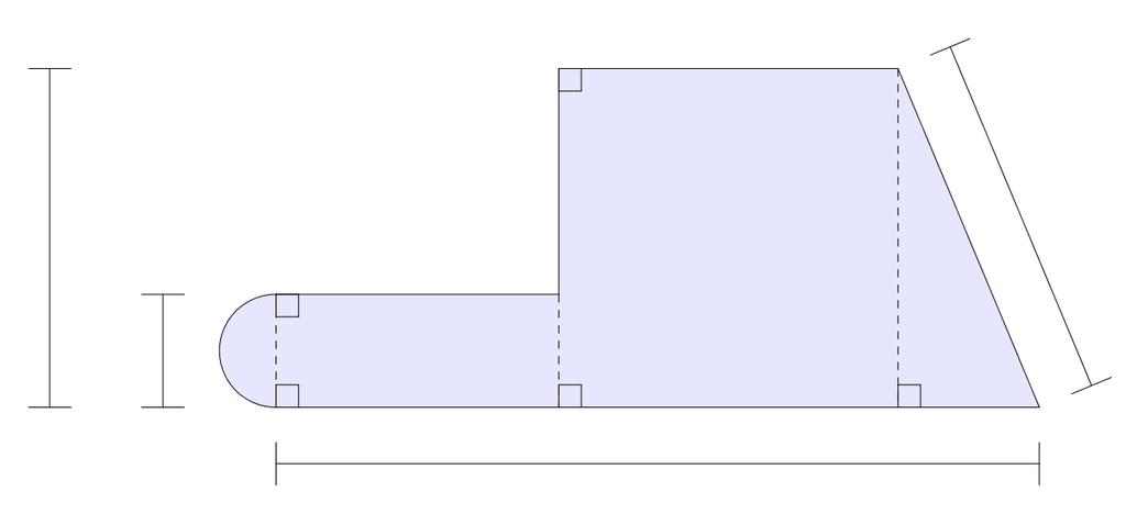 Oppgåve 6 (4 poeng) 1 m 13 m 4 m 7 m Området som er markert med blått ovanfor, er sett saman av ein halv sirkel, eit rektangel, eit kvadrat og ein rettvinkla trekant.