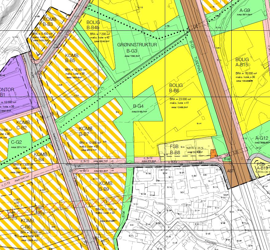 Figur 7: Utsnitt fra foreløpig plankart for områdeplan for Forus øst (planid 2480). Maks utnyttelse er angitt i plankartet på inntil 10 000 m2 BRA i delfelt B-B7 og 23 000 m2 BRA i B-B6.