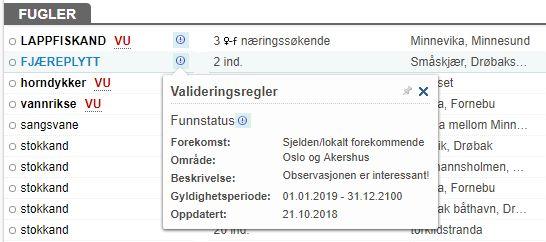 Figur 5. Ved ordinær visning av observasjoner vil også informasjon om status fremkomme dersom man holder musepekeren over informasjonsikonet (som da vises for de mest interessante observasjonene).