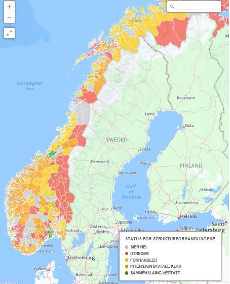 Status pr 8.april 2016 60 avsluttet, sier nei (14%) 87 utreder (20%) 108 forhandler (25%) 162 int.avtale (38%) 11 vedtatt fusjonert (3%) Sandefj.