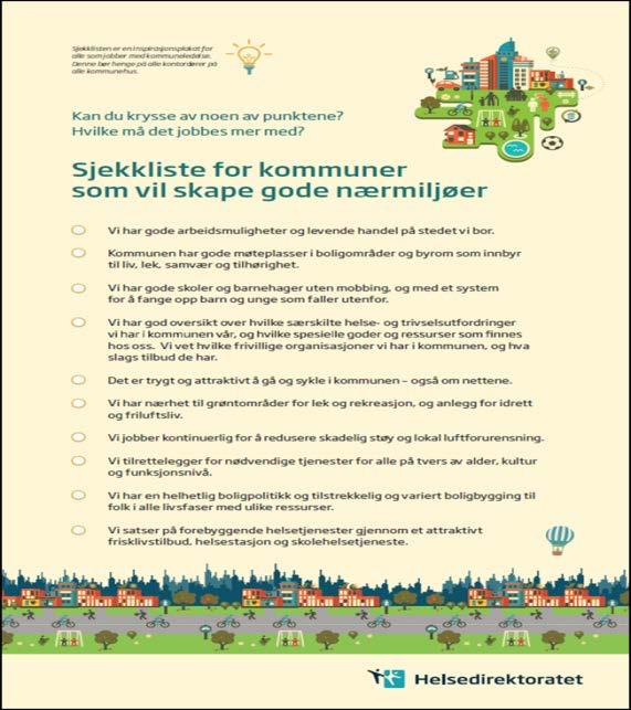 Modell Healthy Cities påvirkningsfaktorer for helse og trivsel i nærmiljøet Sjekkliste