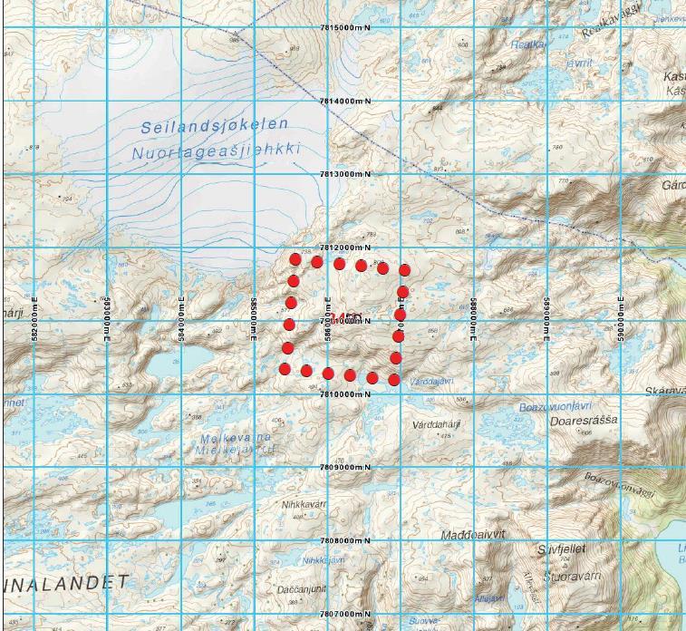 Kart over den sørlige delen av Seiland, hvor takseringsruta er tegnet inn. Helikopteret vil lande på en egnet plass nær et av punktene.